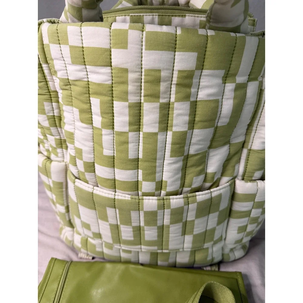BEIS Elsa Hosk Quilted Diaper Backpack Green White Checkered with Changing Mat